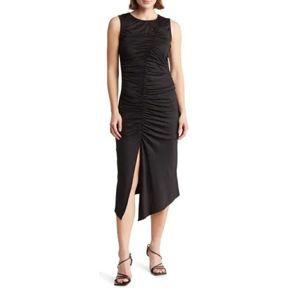 Collective Concepts Dress Ruched Slit Sleeveless Bodycon Midi Black NWT Small